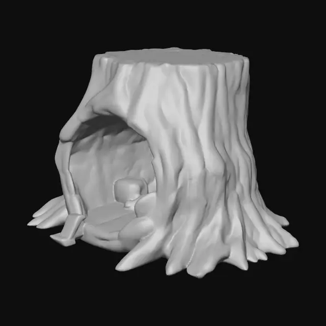 3D model for Hollowed-out tree trunk used as a secret hiding spot for weapons, dense forest camp style, camouflaged tarps, muddy terrain covered in pine needles, realistic game asset, 4k pbr