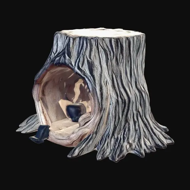 3D model for Hollowed-out tree trunk used as a secret hiding spot for weapons, dense forest camp style, camouflaged tarps, muddy terrain covered in pine needles, realistic game asset, 4k pbr