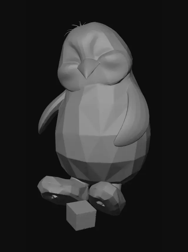 3D model for "Chonky clumsy penguin wearing oversized fuzzy slippers, tripping over a tiny ice cube — bright cartoon 3D style, silly goofy expression"