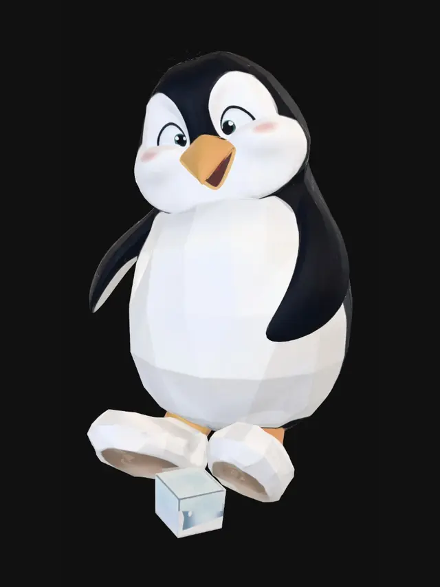 3D model for "Chonky clumsy penguin wearing oversized fuzzy slippers, tripping over a tiny ice cube — bright cartoon 3D style, silly goofy expression"