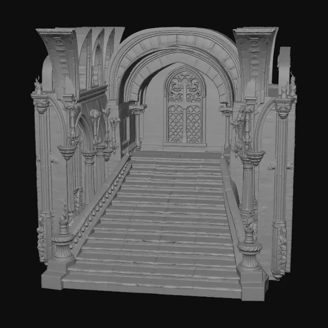 3D model for Create a game-ready 3D staircase platform asset positioned at x:5, y:0.4, z:10. The staircase should look like it belongs inside an ancient gothic castle, with dark carved stone steps, pointed arches, worn edges, ornate medieval detailing, side walls with flame torch and subtle age cracks. Make it suitable for a mobile endless runner, with clean topology, optimized polygon count, and a clear, readable silhouette. Use a moody fantasy atmosphere with soft torchlight, deep shadows, and a slightly stylized handcrafted look. The staircase should feel modular, believable, and functional as part of a castle interior corridor.