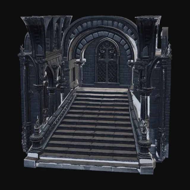 3D model for Create a game-ready 3D staircase platform asset positioned at x:5, y:0.4, z:10. The staircase should look like it belongs inside an ancient gothic castle, with dark carved stone steps, pointed arches, worn edges, ornate medieval detailing, side walls with flame torch and subtle age cracks. Make it suitable for a mobile endless runner, with clean topology, optimized polygon count, and a clear, readable silhouette. Use a moody fantasy atmosphere with soft torchlight, deep shadows, and a slightly stylized handcrafted look. The staircase should feel modular, believable, and functional as part of a castle interior corridor.