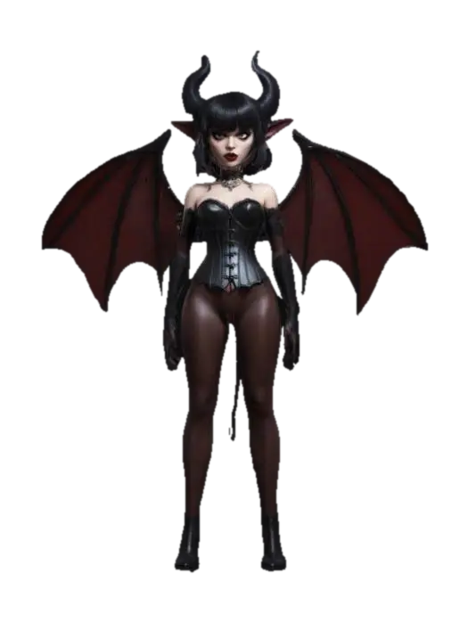 Succubus, estilizada, boas proporções, espartilho, cabelo curto, franja chanel - Corset 3D model, vytvořený pomocí AI