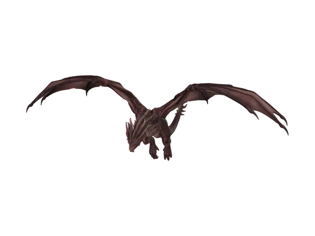 3D model for full of view of a large flying dark red coloured wyvern, with a small dragon rider on it's back