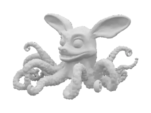 3D model for A strange creature with the head of a Rabbit and eight tentacles instead of legs. The tentacles are long, muscular. The creature has large, curious Rabbit eyes, long ears, and a slightly goofy grin. Its skin is a mix of rough fur and smooth octopus skin, with occasional suckers on the tentacles