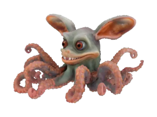 3D model for A strange creature with the head of a Rabbit and eight tentacles instead of legs. The tentacles are long, muscular. The creature has large, curious Rabbit eyes, long ears, and a slightly goofy grin. Its skin is a mix of rough fur and smooth octopus skin, with occasional suckers on the tentacles