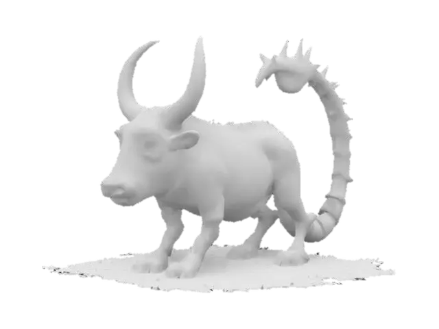 3D model for A grotesque creature with the body of a cow but a scorpion tail that swings threateningly over its back. The tail is large, armored, and ends in a sharp, venomous tip. The cow has peaceful, large eyes and calmly chews on a blade of grass as if nothing is unusual. Its coat is black and white spotted, but its legs have a slightly chitinous appearance