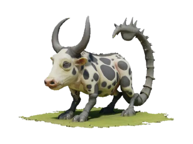 3D model for A grotesque creature with the body of a cow but a scorpion tail that swings threateningly over its back. The tail is large, armored, and ends in a sharp, venomous tip. The cow has peaceful, large eyes and calmly chews on a blade of grass as if nothing is unusual. Its coat is black and white spotted, but its legs have a slightly chitinous appearance