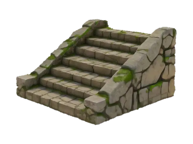 A low-rise ancient stone staircase with wide and shallow steps, slightly cracked… 3D model, vytvořený pomocí AI