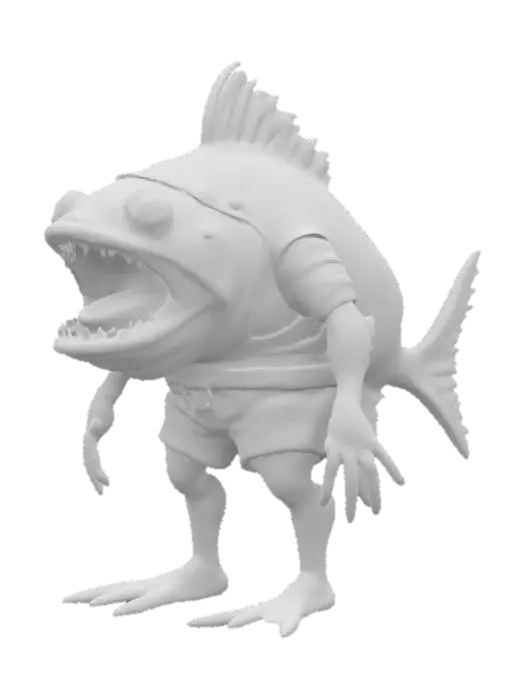 3D model for A horizontally oriented fish with two human-like legs sticking straight down from its belly. The fish has a large, open mouth and expressive eyes. It also has two human-like arms attached to its sides. The fish is dressed in medieval clothing, such as a tunic and belt, with small decorative details fitting the era. The overall look is bizarre yet amusing, blending fantasy and absurdity
