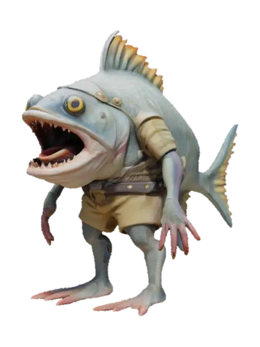 3D model for A horizontally oriented fish with two human-like legs sticking straight down from its belly. The fish has a large, open mouth and expressive eyes. It also has two human-like arms attached to its sides. The fish is dressed in medieval clothing, such as a tunic and belt, with small decorative details fitting the era. The overall look is bizarre yet amusing, blending fantasy and absurdity