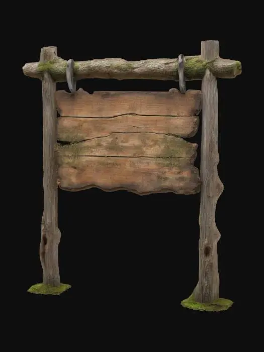 3D model for A rustic wooden signboard mounted on a vertical wooden post, rough hand-carved surface, weathered texture with cracks and moss, medieval village style, slightly tilted and aged