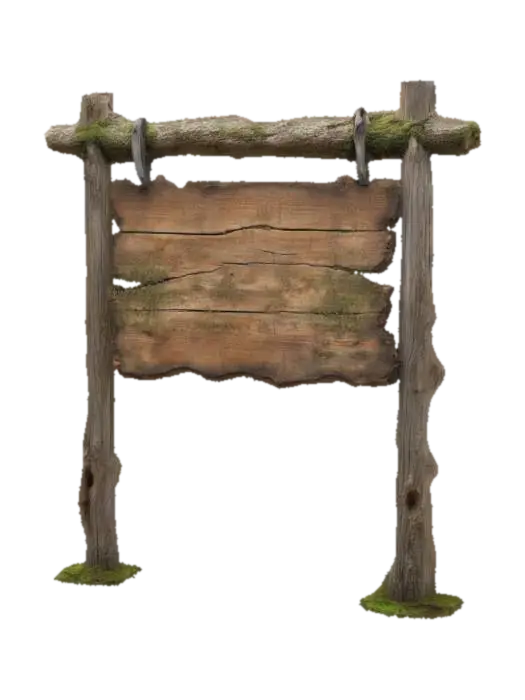 A rustic wooden signboard mounted on a vertical wooden post, rough hand-carved… - Aged 3D model, vytvořený pomocí AI