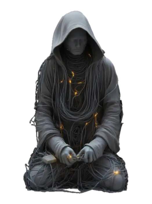 A mysterious humanoid monk figure cloaked entirely in tangled cables and wires, with a… 3D model, vytvořený pomocí AI