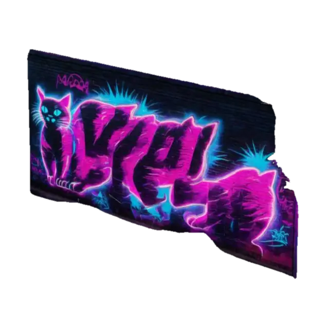 A wall covered in vibrant neon graffiti of moving cat motifs. The cats are made… - Streetart 3D model, vytvořený pomocí AI