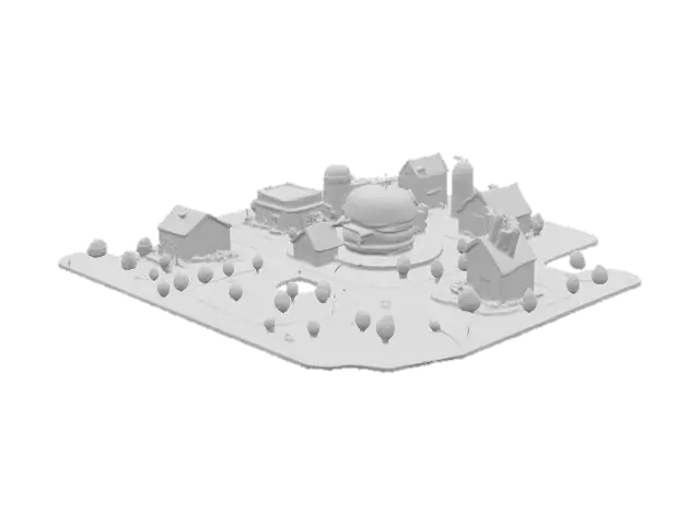 3D model for Create a low-poly city where houses are shaped like hamburgers, pizzas, and French fries, all connected with highways. 
Keep the polygon count under 65,000 per mesh (65k limit). 
Export the final model in .OBJ format.