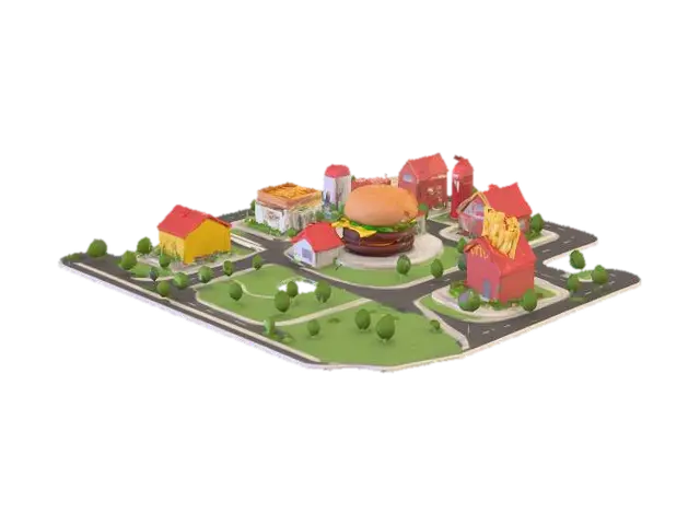 3D model for Create a low-poly city where houses are shaped like hamburgers, pizzas, and French fries, all connected with highways. 
Keep the polygon count under 65,000 per mesh (65k limit). 
Export the final model in .OBJ format.