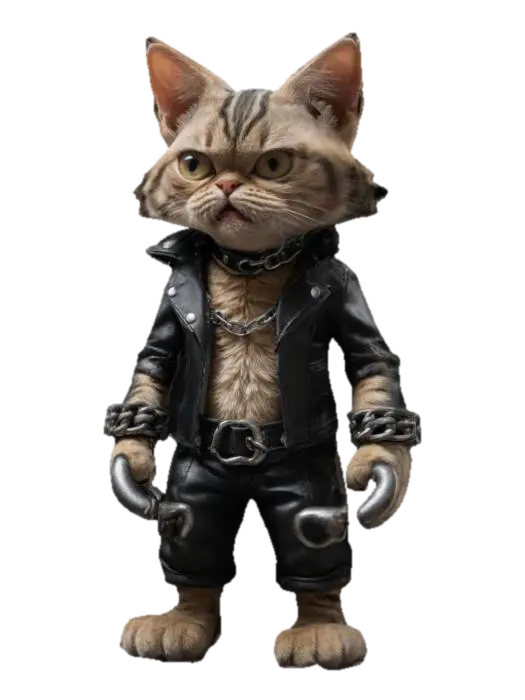Biker cat in leather and chains 3D model, vytvořený pomocí AI