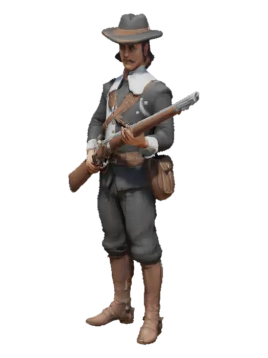 Colonial Musketeer 3D model, vytvořený pomocí AI