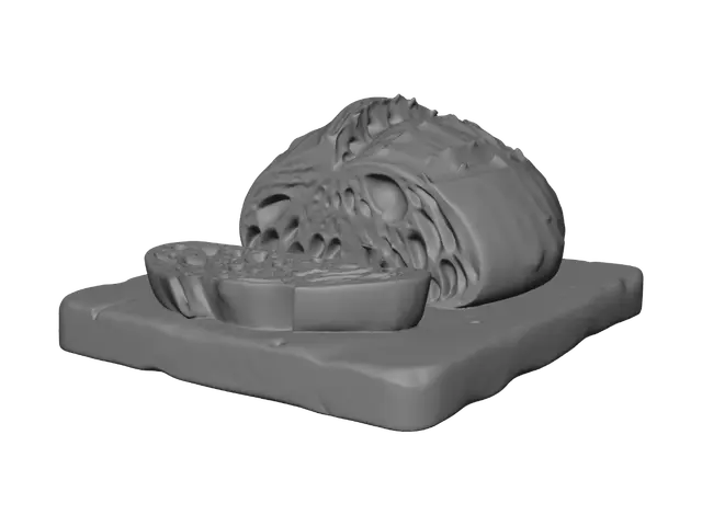 3D model for A close-up, macro photograph of a freshly baked, artisanal sourdough bread loaf resting on a rustic wooden cutting board. The loaf features a dramatic, crispy ear and a deep golden-brown, blistered crust dusted with a fine layer of white flour. The bread is sliced open, revealing a perfect open crumb structure with soft, glossy, airy pockets. Wisps of steam gently rise from the warm interior. In the background, a moody, softly blurred bakery kitchen with a linen cloth and a hint of a flour dusting. Warm, dramatic side lighting from a window captures the crunchy texture of the crust and the soft gleam of the interior crumb, 8k resolution, photorealistic, food photography style.