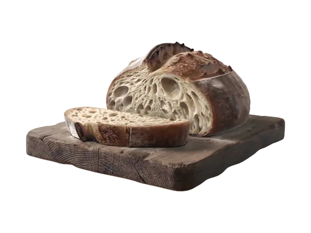 3D model for A close-up, macro photograph of a freshly baked, artisanal sourdough bread loaf resting on a rustic wooden cutting board. The loaf features a dramatic, crispy ear and a deep golden-brown, blistered crust dusted with a fine layer of white flour. The bread is sliced open, revealing a perfect open crumb structure with soft, glossy, airy pockets. Wisps of steam gently rise from the warm interior. In the background, a moody, softly blurred bakery kitchen with a linen cloth and a hint of a flour dusting. Warm, dramatic side lighting from a window captures the crunchy texture of the crust and the soft gleam of the interior crumb, 8k resolution, photorealistic, food photography style.