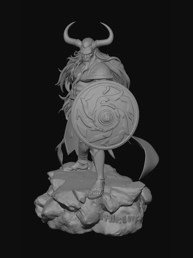 3D model for Tatsumi, Ryujin male tempest cleric, age 30, tall muscular warrior with broad shoulders, white dragon traits, strong curved horns, long white hair attached to armor, stormy blue-grey eyes, large lightning scar on one arm. Wearing heavy Japanese-inspired samurai chainmail and plate armor with dragon motifs, white and silver colors. Large round shield on left arm, right hand channeling a compact lightning sphere. Anime fantasy tabletop miniature, 32mm heroic scale, highly detailed resin-printable sculpt, deep armor details, thick sturdy design, stable standing pose on rocky terrain. Storm-themed base with rocks, roots and integrated lightning effects, divine thunder aesthetic, Ryoko-inspired, professional 3D miniature sculpt.