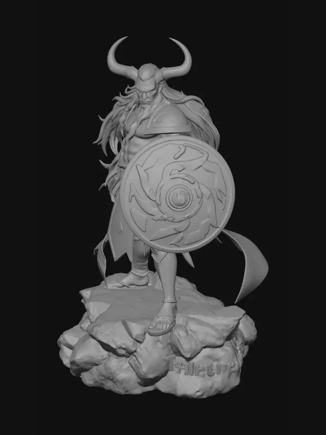 3D model for Tatsumi, Ryujin male tempest cleric, age 30, tall muscular warrior with broad shoulders, white dragon traits, strong curved horns, long white hair attached to armor, stormy blue-grey eyes, large lightning scar on one arm. Wearing heavy Japanese-inspired samurai chainmail and plate armor with dragon motifs, white and silver colors. Large round shield on left arm, right hand channeling a compact lightning sphere. Anime fantasy tabletop miniature, 32mm heroic scale, highly detailed resin-printable sculpt, deep armor details, thick sturdy design, stable standing pose on rocky terrain. Storm-themed base with rocks, roots and integrated lightning effects, divine thunder aesthetic, Ryoko-inspired, professional 3D miniature sculpt.