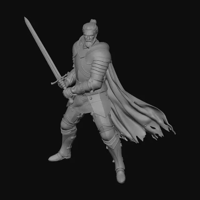 3D model for muscular male knight with sword and a manbun and a neat beard