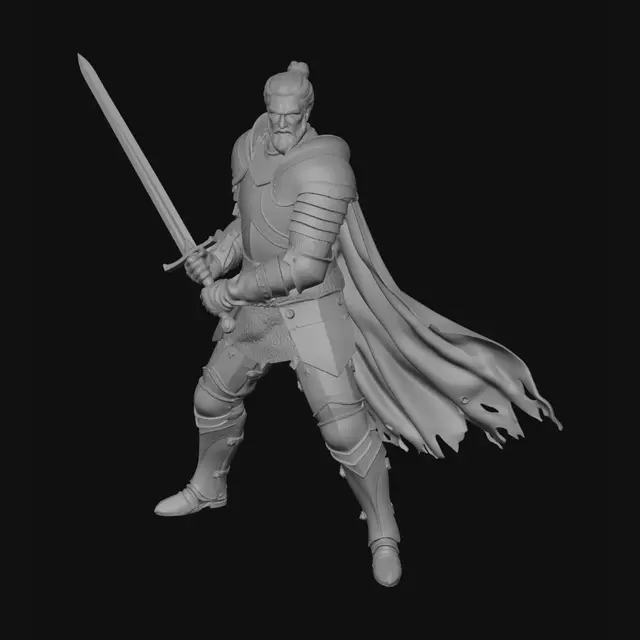 3D model for muscular male knight with sword and a manbun and a neat beard