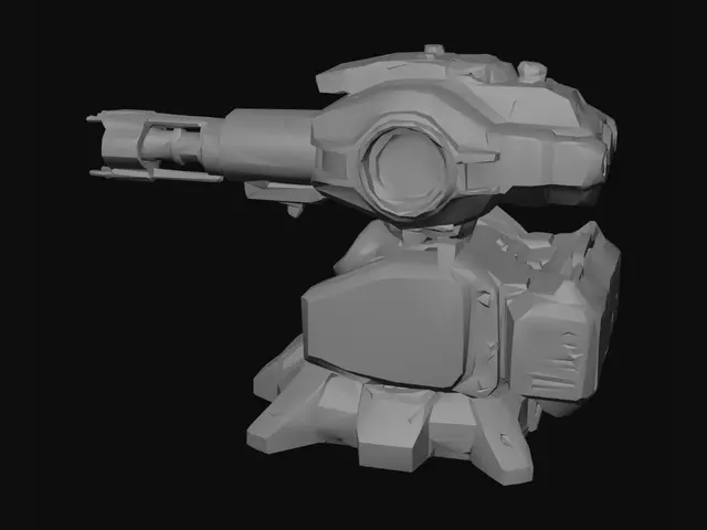 3D model for Create a game-ready sci-fi defensive turret for a game called "Lone Gun" set in the Quinton Galaxy.

The turret belongs to the Garznax, a crystal-powered alien civilization that combines rugged industrial engineering with sacred ancient technology.

STYLE:

* Stylized realistic sci-fi
* Strong readable silhouette
* Chunky gameplay-friendly proportions
* Hard surface mechanical design
* Functional military appearance
* Ancient alien influence
* Not overly sleek or glossy
* Designed for an indie FPS/RTS hybrid game

DESIGN FEATURES:

* Heavy rotating defense cannon
* Large reinforced base
* Mechanical pivot joints
* Crystal-powered energy core
* Cooling vents and armored plating
* Thick industrial barrel
* Glowing orange crystal embedded in center
* Optional secondary cyan/teal indicator lig