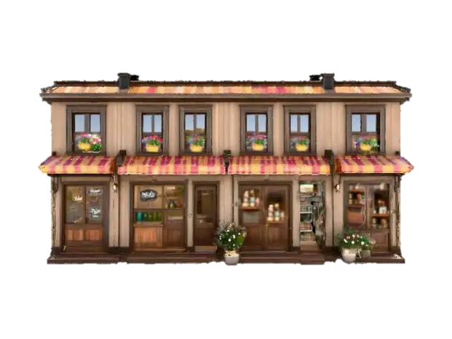 Tourist town row of 10 boutique shops, storfronts, colorful, open doors, colorful… 3D model, vytvořený pomocí AI