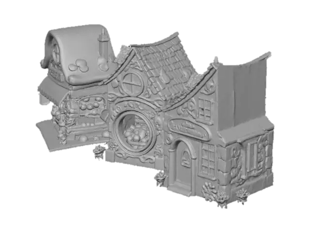 3D model for The image depicts a series of whimsical quaint, stylized shop facades with distinct architectural features, such as pitched or curved roofs, arched doorways, and textured surfaces adorned with thematic elements like flowers, antiques, and playful decor.,