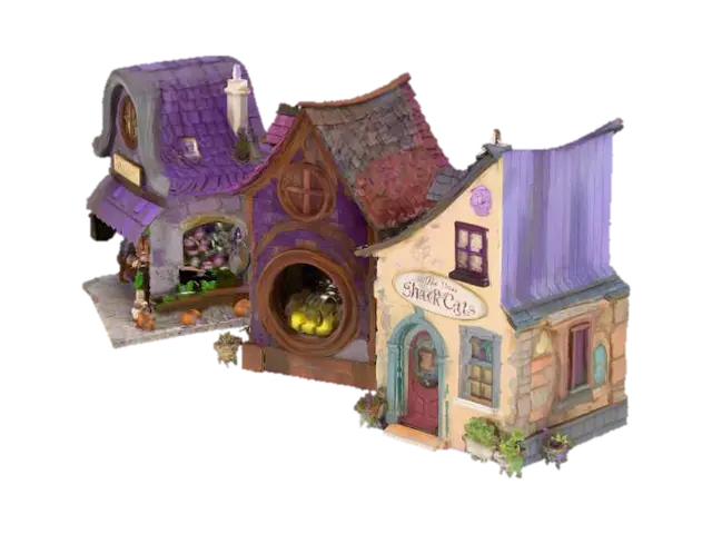 3D model for The image depicts a series of whimsical quaint, stylized shop facades with distinct architectural features, such as pitched or curved roofs, arched doorways, and textured surfaces adorned with thematic elements like flowers, antiques, and playful decor.,
