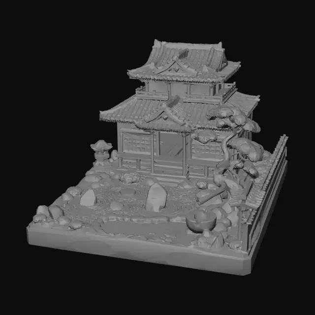 3D model for A meticulously crafted miniature diorama showcases a traditional Japanese house with open front doors and empty interior with two tiers of dark grey tiled roofs, light wooden walls, and glowing shoji screens. The surrounding dry landscape garden features raked white sand with circular patterns around natural grey stones, a small pond with lily pads, and a gnarled bonsai pine tree. A stone lantern and a bamboo water feature complete the tranquil scene, all expertly detailed against a stark black background.