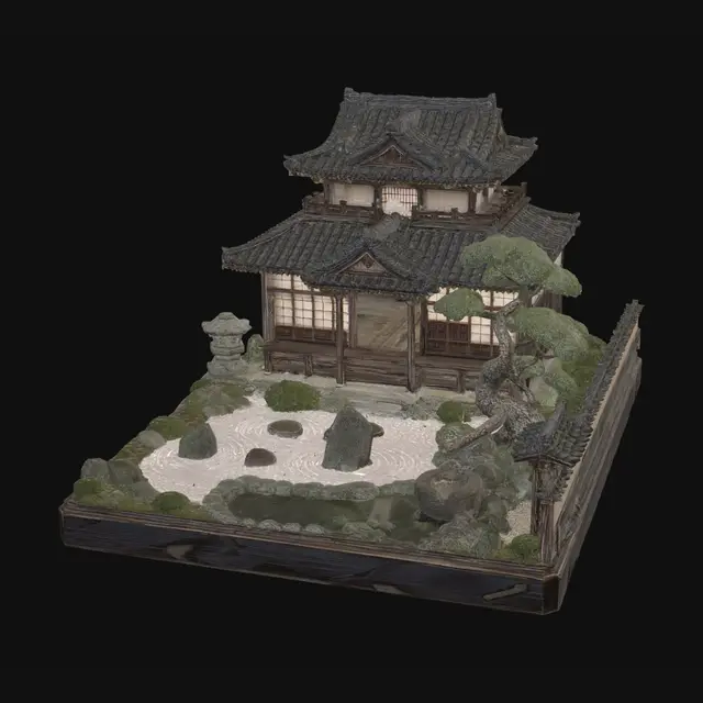 3D model for A meticulously crafted miniature diorama showcases a traditional Japanese house with open front doors and empty interior with two tiers of dark grey tiled roofs, light wooden walls, and glowing shoji screens. The surrounding dry landscape garden features raked white sand with circular patterns around natural grey stones, a small pond with lily pads, and a gnarled bonsai pine tree. A stone lantern and a bamboo water feature complete the tranquil scene, all expertly detailed against a stark black background.