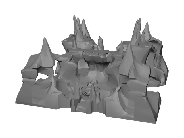 3D model for An intricate underwater labyrinth composed of smooth, greyish-blue limestone formations. Sheer, curving cliff faces plunge into abyssal depths, punctuated by numerous perfectly round holes and winding cave entrances. The material has a cool, damp, slightly slimy texture, worn smooth by eons of currents. Interspersed within are sharp, crystalline rock spires, adding a contrasting jaggedness to the otherwise organically sculpted and highly permeable terrain.