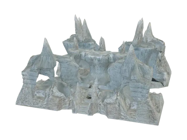 3D model for An intricate underwater labyrinth composed of smooth, greyish-blue limestone formations. Sheer, curving cliff faces plunge into abyssal depths, punctuated by numerous perfectly round holes and winding cave entrances. The material has a cool, damp, slightly slimy texture, worn smooth by eons of currents. Interspersed within are sharp, crystalline rock spires, adding a contrasting jaggedness to the otherwise organically sculpted and highly permeable terrain.