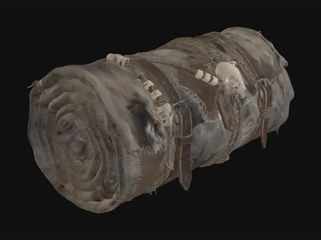 3D model for A rolled up drapery in the style of a rolled up boat sail. Held up by ropes along a cylindrical beam.
Make it about 2m longways.