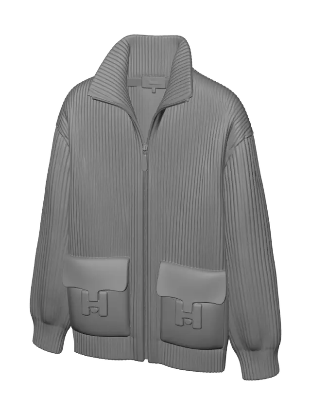 3D model for Grey Ribbed Zip-Front Cardigan with Patch Pockets