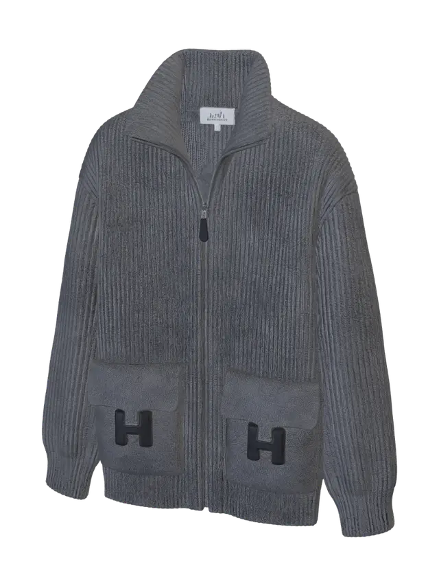 3D model for Grey Ribbed Zip-Front Cardigan with Patch Pockets