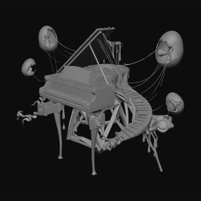 3D model for Surreal monumental sculpture, colossal melting grand piano draped over geometric dodecahedron, keyboard curling into spiral staircase, mercury string filaments connecting to floating cracked golden eggs containing Klein bottles and hyperbolic manifolds inside, three needle-thin elephant stilt legs with brass drawer-pulls and half-open drawers trailing solidified smoke, driftwood crutch propping flesh-like translucent surface with embedded frozen pocket watch, black tourmaline ants in Fibonacci spirals, cracked mirror ground plane reflecting wrong object, butterscotch resin and brushed titanium and liquid chrome, golden hour lighting, volumetric sculptural maquette, neutral background, photorealistic