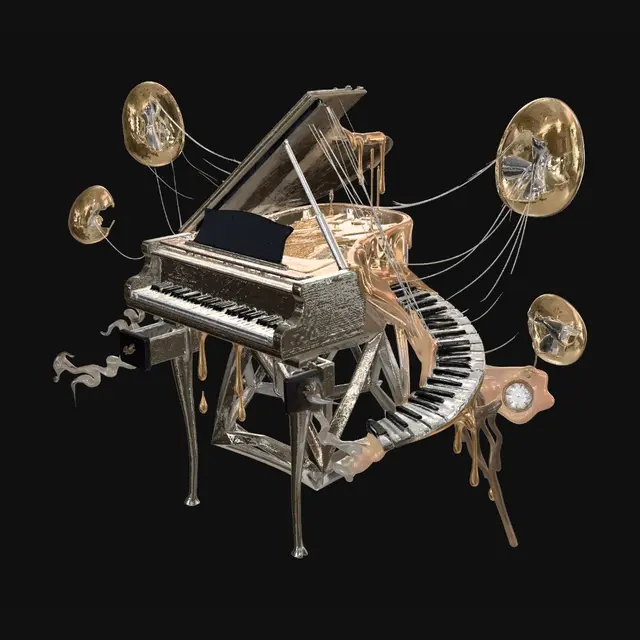 3D model for Surreal monumental sculpture, colossal melting grand piano draped over geometric dodecahedron, keyboard curling into spiral staircase, mercury string filaments connecting to floating cracked golden eggs containing Klein bottles and hyperbolic manifolds inside, three needle-thin elephant stilt legs with brass drawer-pulls and half-open drawers trailing solidified smoke, driftwood crutch propping flesh-like translucent surface with embedded frozen pocket watch, black tourmaline ants in Fibonacci spirals, cracked mirror ground plane reflecting wrong object, butterscotch resin and brushed titanium and liquid chrome, golden hour lighting, volumetric sculptural maquette, neutral background, photorealistic