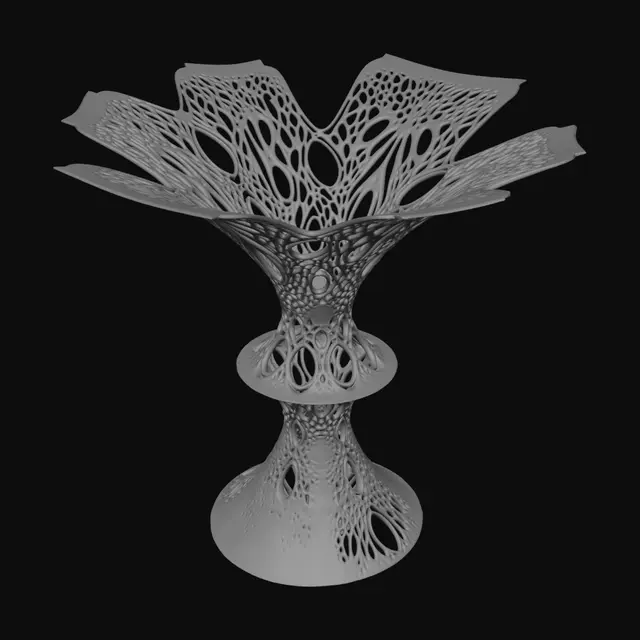 3D model for Surreal monumental sculpture, colossal melting grand piano draped over geometric dodecahedron, keyboard curling into spiral staircase, mercury string filaments connecting to floating cracked golden eggs containing Klein bottles and hyperbolic manifolds inside, three needle-thin elephant stilt legs with brass drawer-pulls and half-open drawers trailing solidified smoke, driftwood crutch propping flesh-like translucent surface with embedded frozen pocket watch, black tourmaline ants in Fibonacci spirals, cracked mirror ground plane reflecting wrong object, butterscotch resin and brushed titanium and liquid chrome, golden hour lighting, volumetric sculptural maquette, neutral background, photorealistic
