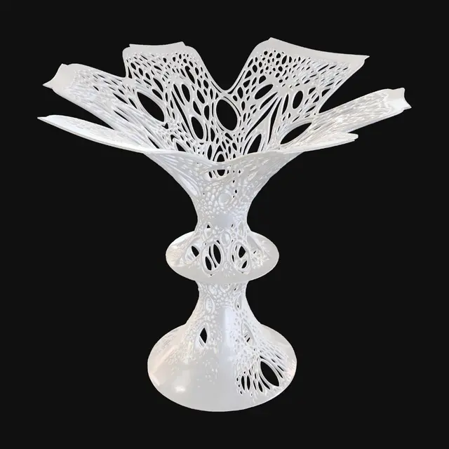 3D model for Surreal monumental sculpture, colossal melting grand piano draped over geometric dodecahedron, keyboard curling into spiral staircase, mercury string filaments connecting to floating cracked golden eggs containing Klein bottles and hyperbolic manifolds inside, three needle-thin elephant stilt legs with brass drawer-pulls and half-open drawers trailing solidified smoke, driftwood crutch propping flesh-like translucent surface with embedded frozen pocket watch, black tourmaline ants in Fibonacci spirals, cracked mirror ground plane reflecting wrong object, butterscotch resin and brushed titanium and liquid chrome, golden hour lighting, volumetric sculptural maquette, neutral background, photorealistic
