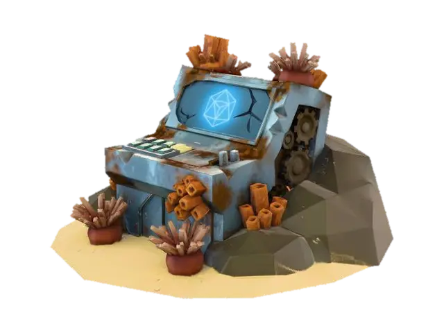 A low-poly, corroded metal control console half-embedded in an angular seabed… - Gamedesign 3D model, vytvořený pomocí AI