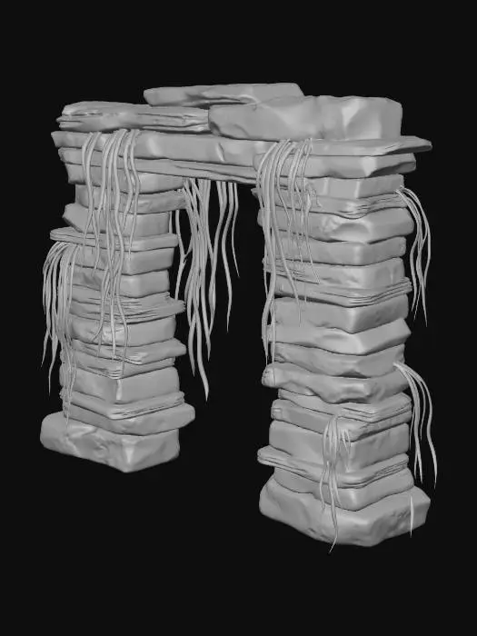 3D model for A LARGE, thin, flat underwater stone ARCH, like a weathered stone doorway. It is NOT a round hole; the structure is made of stacked, horizontal slabs. Seaweed hangs from the top. Silhouette is very clear and two-dimensional. Game asset.