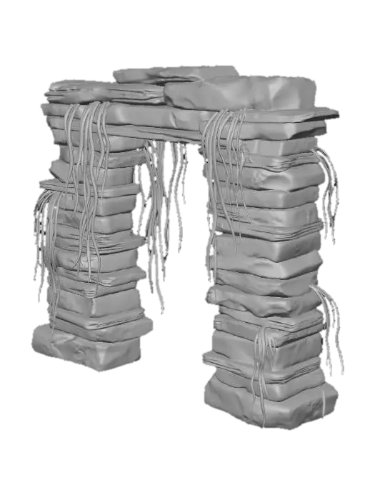 3D model for A LARGE, thin, flat underwater stone ARCH, like a weathered stone doorway. It is NOT a round hole; the structure is made of stacked, horizontal slabs. Seaweed hangs from the top. Silhouette is very clear and two-dimensional. Game asset.