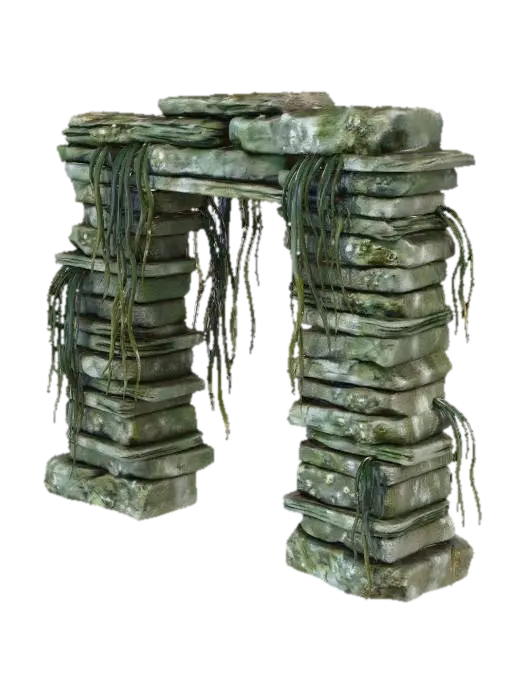 3D model for A LARGE, thin, flat underwater stone ARCH, like a weathered stone doorway. It is NOT a round hole; the structure is made of stacked, horizontal slabs. Seaweed hangs from the top. Silhouette is very clear and two-dimensional. Game asset.