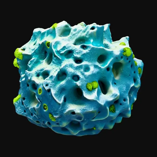 3D model for A professional, stylized 3D game asset of a medium-sized underwater rock. Jagged volcanic shape, with interesting holes and crevices. Covered in patches of glowing green algae and a few barnacles. PBR materials, clean geometry, isolated on a plain background.