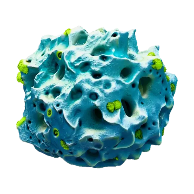 3D model for A professional, stylized 3D game asset of a medium-sized underwater rock. Jagged volcanic shape, with interesting holes and crevices. Covered in patches of glowing green algae and a few barnacles. PBR materials, clean geometry, isolated on a plain background.
